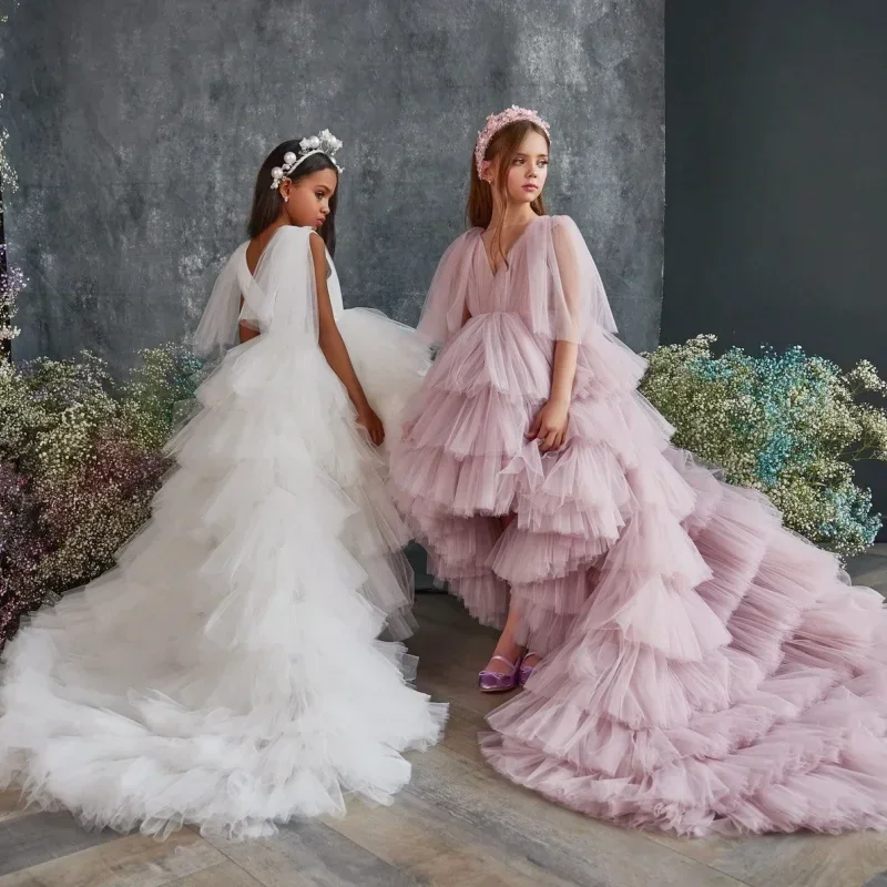 Vestidos de flores para niña, tul blanco y rosa escalonado con cola larga, manga corta para boda, fiesta de cumpleaños, banquete, vestidos de princesa