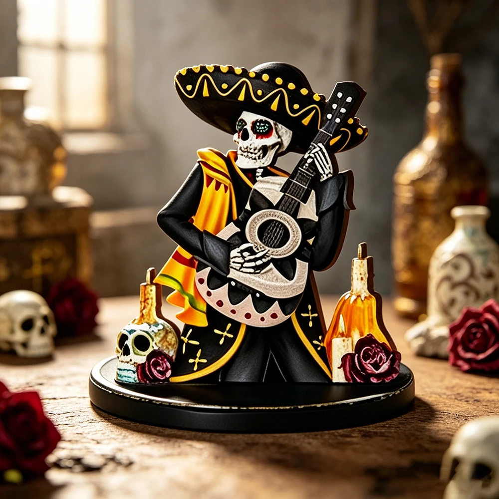 Mariachi Skeleton Guitar Day Of The Dead Wooden Table Ornament - Mexican Fiesta Desktop Decor
