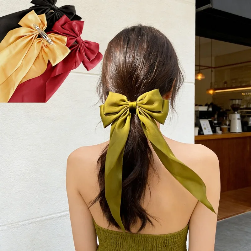 

Women Solid Color Big Large Satin Bow Hairpins Barrettes for Girl Wedding Long Ribbon Korean Hair Clip Hairgrip Hair Accessories