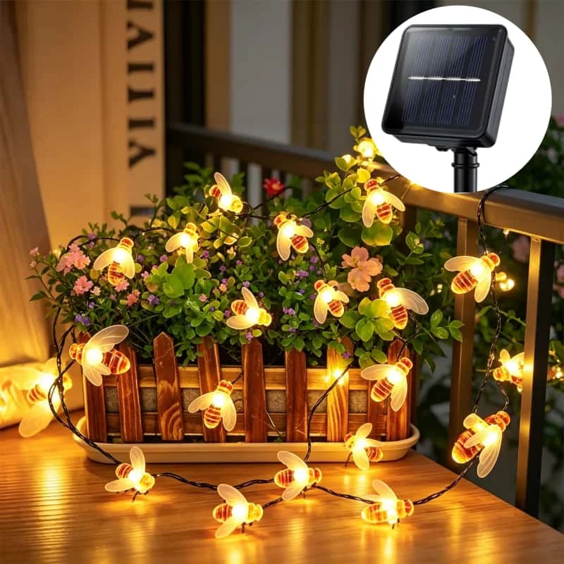Solar Bee LED String Lights Outdoor Holiday Party Lighting Night Lamp for Garden Tree Fence Balcony Christmas Wedding Decoration