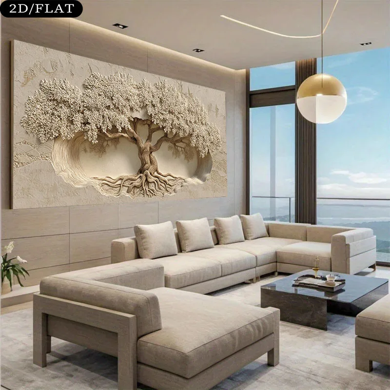 Frameless 2D Flat Tree of Life Wall Art Canvas Print -Poster, Modern Minimalist Tree with Roots & Branches for Living Room, Bedr