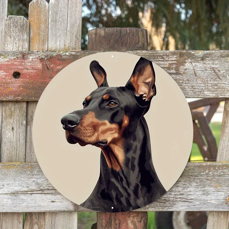 Aluminum Metal Sign, 2D Flat Circular Wreath Logo, Tavern Club Home Scene Decoration, Doberman Pinscher, Wall Art Home Decor