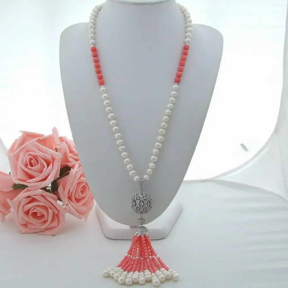 Beautiful White Round Freshwater Pearl Pink Round Coral Necklace 26