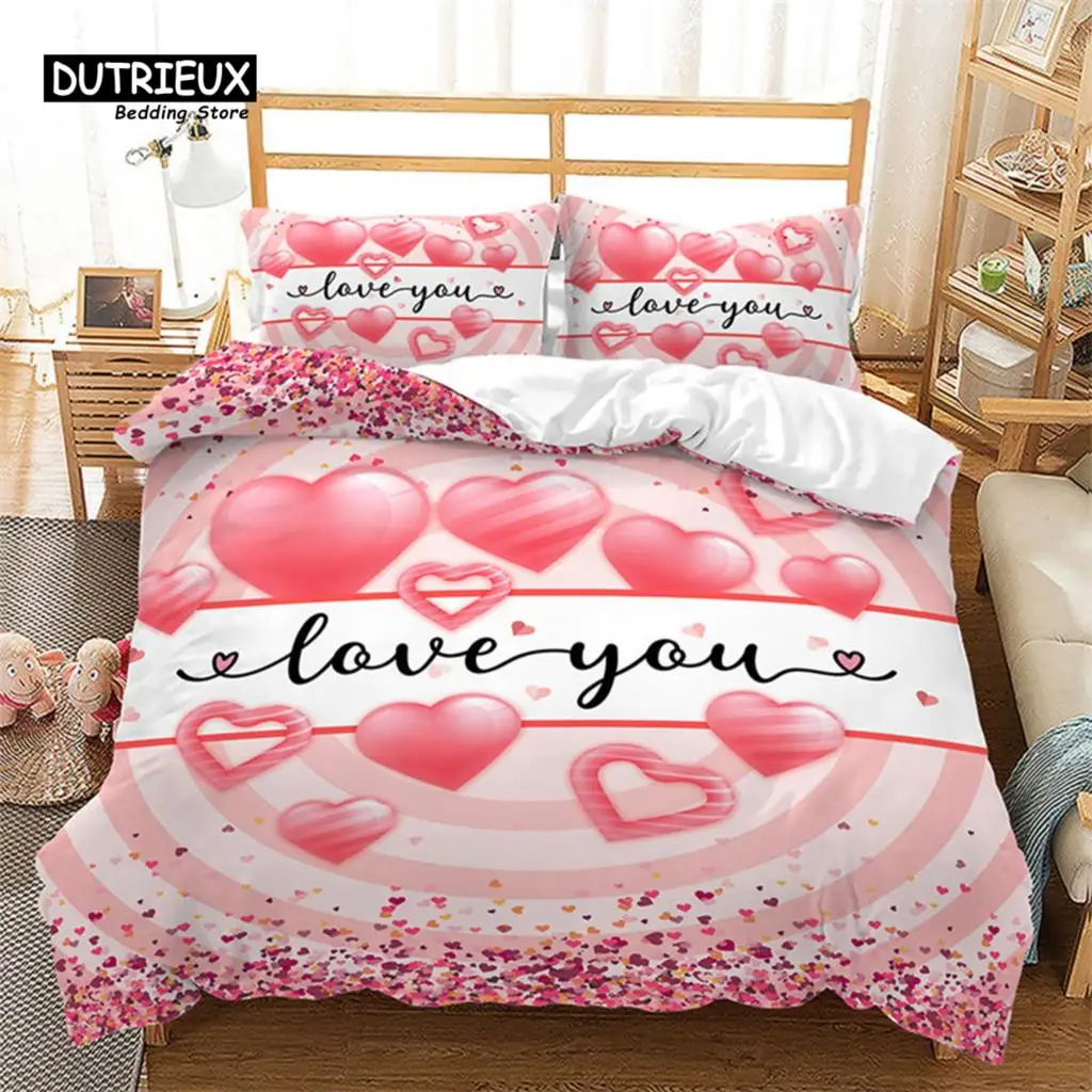 

Love Heart Duvet Cover Pink Romantic Bedding Set Microfiber Comforter Cover For Girls Teen Couple Valentine's Day Wedding Decor