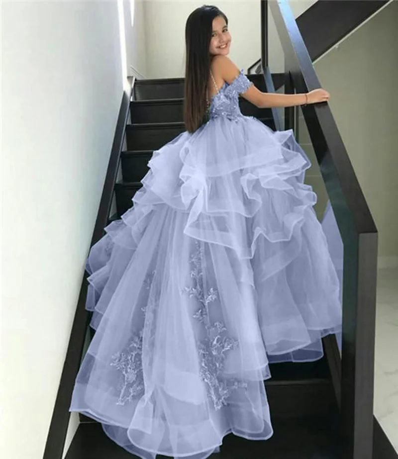 Vestidos de encaje con cuentas para niñas, vestido de desfile con tirantes finos, tul con volantes, vestidos de fiesta de comunión para niños pequeños, bodas