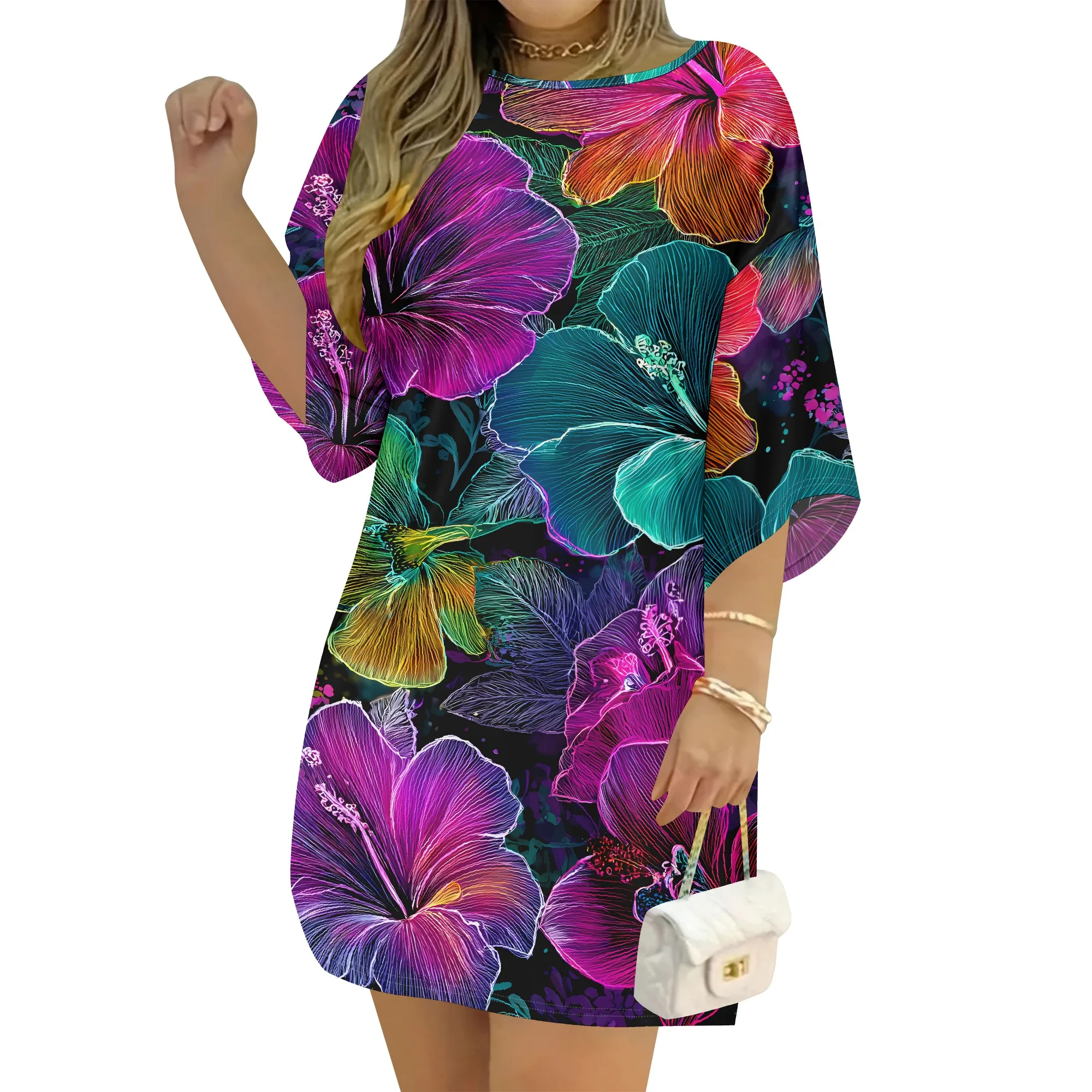 Vibrant Floral Print Dress Tropical Hibiscus Pattern Tunic Summer Beach Vacation Wear Loose Fit Short Sleeve Mini Dress