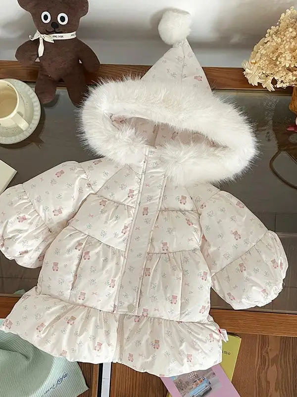 

Детская пуховая шапка Jaet, новая зимняя шапка с меховым воротником для девочек, милое теплое верхнее пальто с мультяшным принтом Thiened Long Sve A-Class