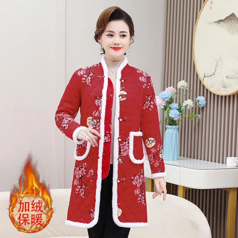 Middle-aged and Elderly Women's Cotton Coat soft Winter Jackets Printing Single-breasted long Parkas Overcoat