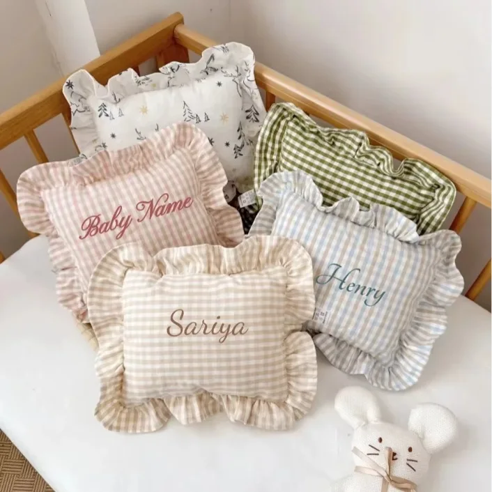 Custom Name Nordic Ins Cotton Baby Small Pillow Decorative Ruffles Muslin Kids Cushion Baby Newborn Bedding Embroidery Pillows