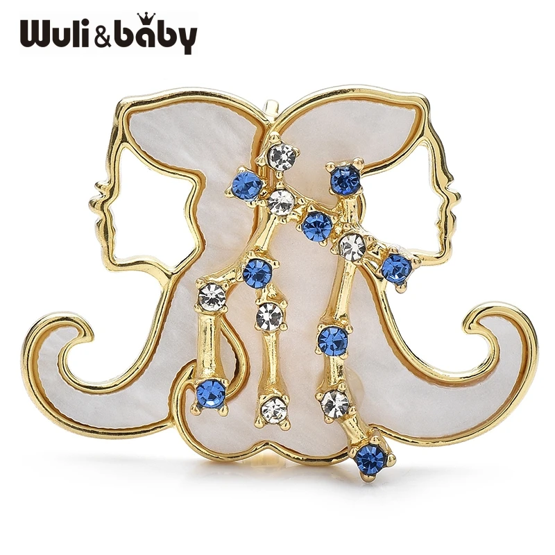 Wuli & baby gemini strass estrela zodíaco broche pino 2025 concha cristal jóias acessório presente emblema de metal para terno
