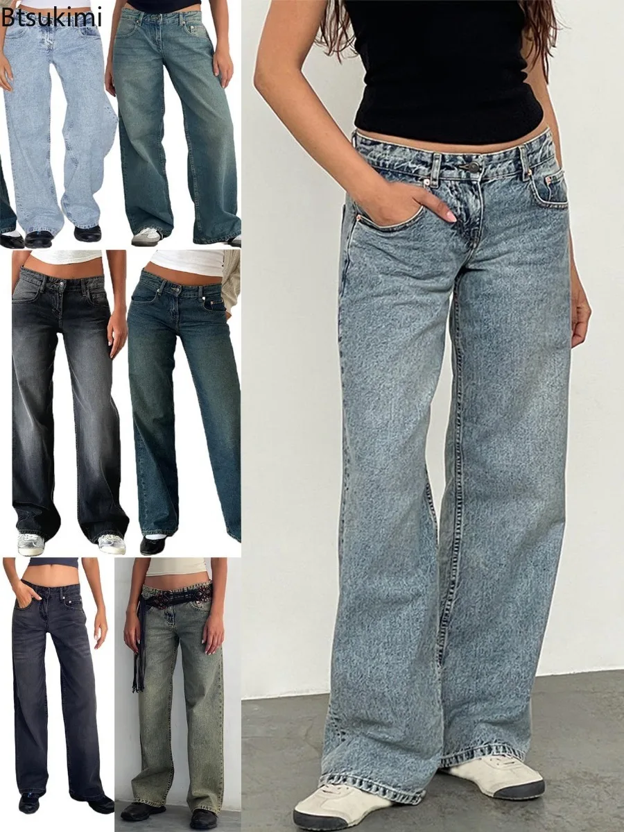ผู้หญิงวินเทจความงาม Y2k Low Rise Baggy กางเกงยีนส์หลวม Fit กางเกงขากว้างตรงสําหรับผู้หญิงอินเทรนด์ยืดยาวกางเกงยีนส์