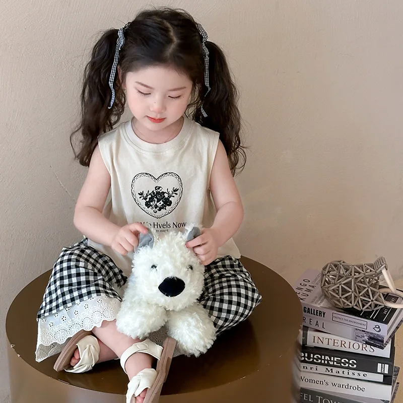 2025 Summer New Girl's Love Printed Apricot Sleeveless Top and Black and White Checkered Wide Leg Pants Two Piece Set