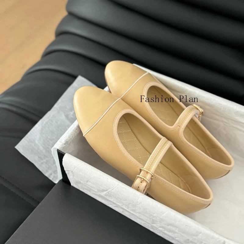 Summer 2024 New Women\'s Round Toe Ballet Elegant Black Classic Leather Flats, Simple Solid Color Sexy, Small Fragrance Buckle Fl