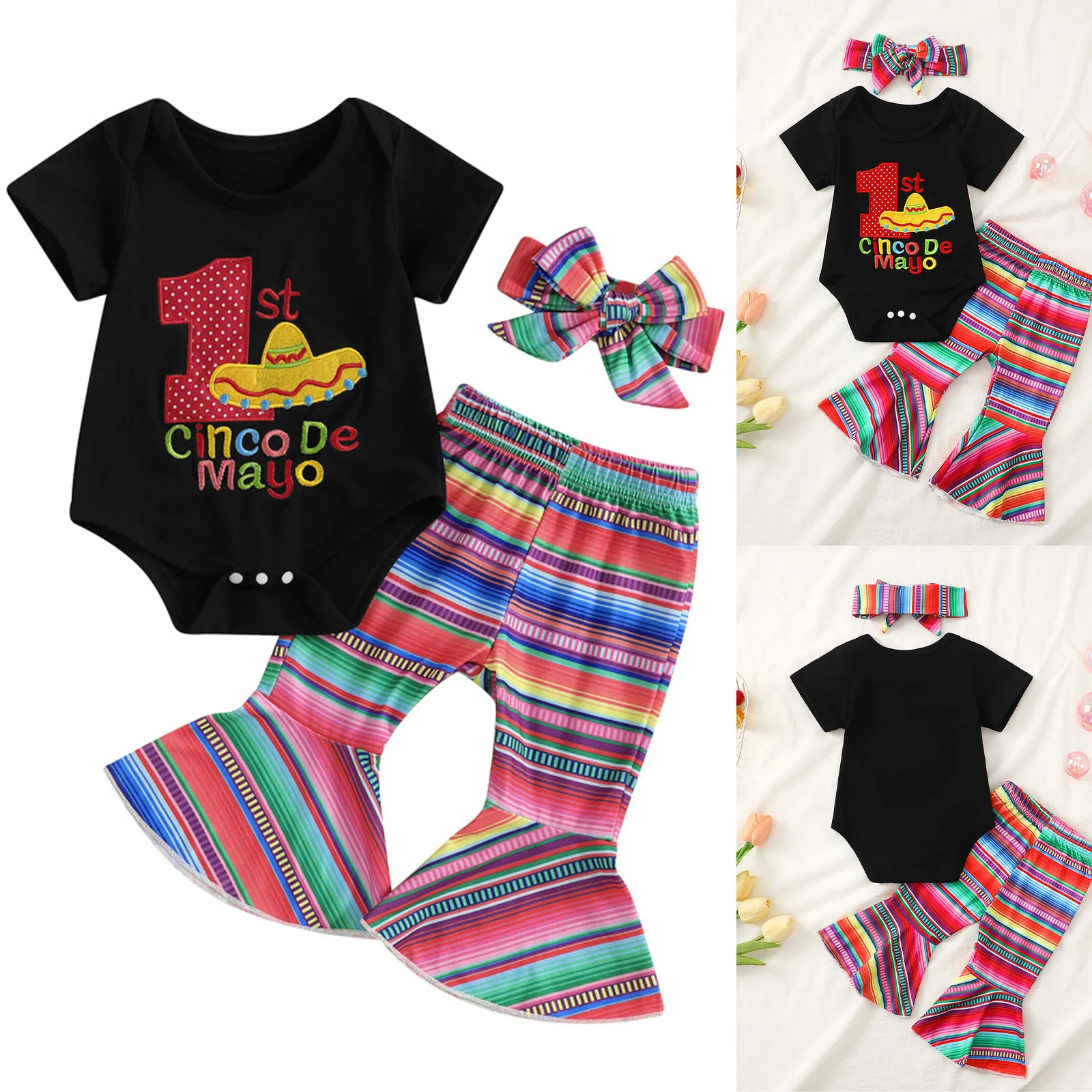 

Костюм для фотосессии на первый день рождения девочки: комбинезон с расклешенными брюками и повязкой на голову для вечеринки Cake Smash в стиле Синко де Майо