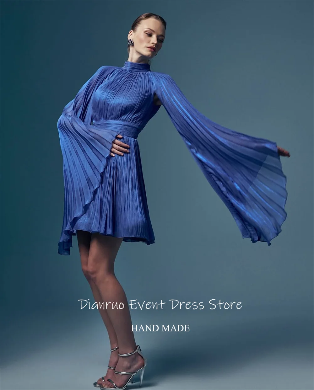 Dianruo فستان شيفون أزرق ملكي بأكمام طويلة للحفلات الراقصة فساتين سهرة صغيرة على شكل حرف A مطوي برقبة عالية فساتين المشاهير حسب الطلب