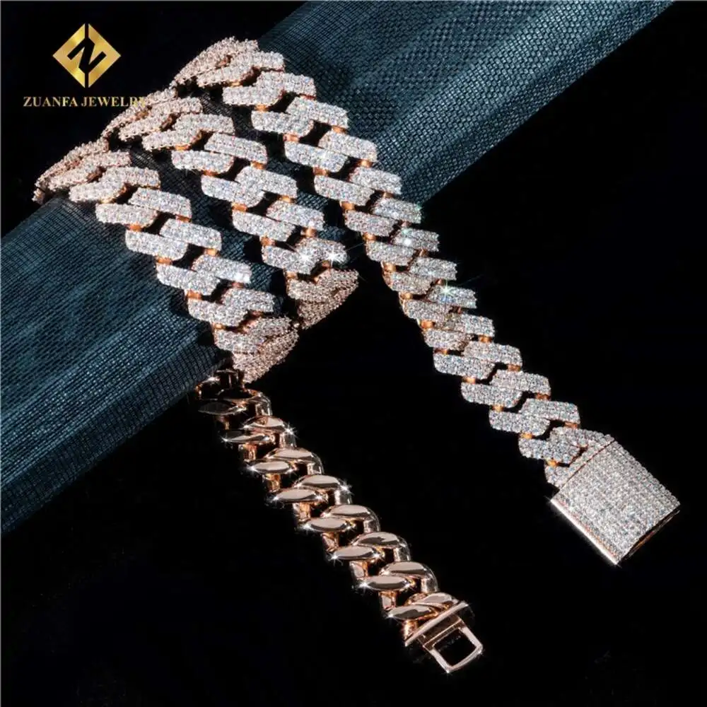 Luxury Iced Out Moissanite Jewelry White Gold Yellow Gold Rose Gold Color 15mm Two Row Vvs Moissanite Cuban Link Chain Chocker.