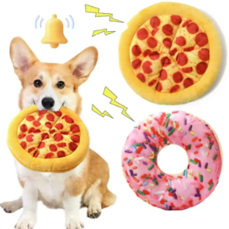 Plush Pizza Shaped Dog Toy Squeaky Sound Pet Chew Toy for Small to Large Dogs Puppy Teeth Cleaning Interactive Dog Supplies