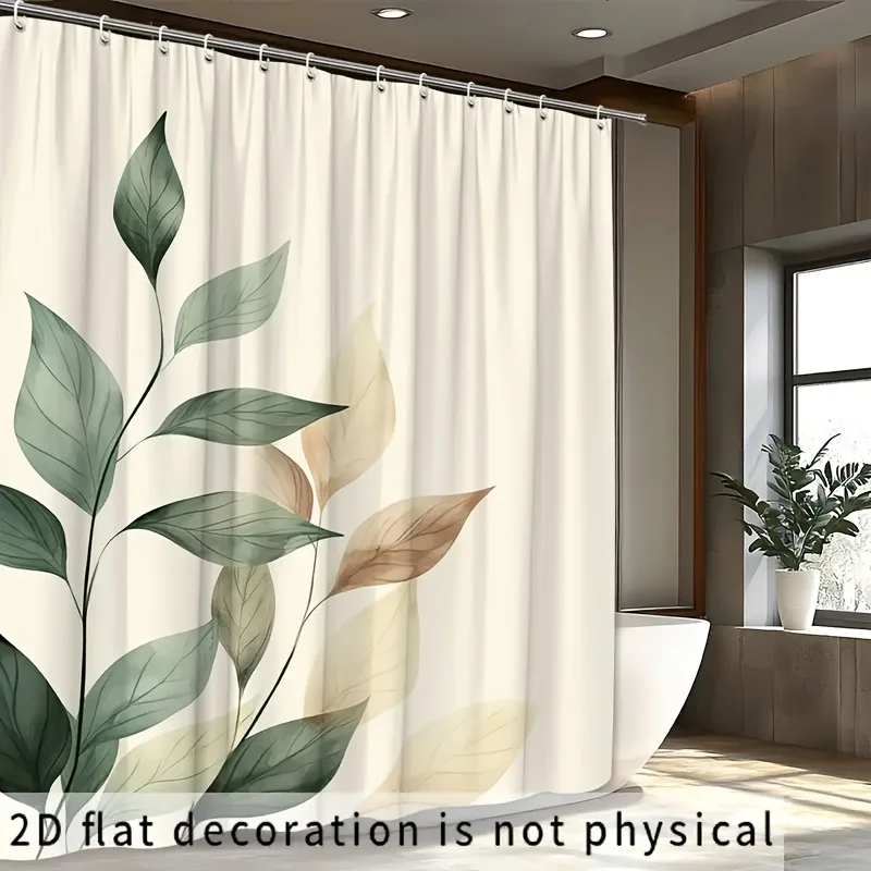 2D Flat, 1pc Morandi Watercolor Green Plant Minimalist Instagram-style Shower Curtain, 2D Flat Print Featuring a Large Branch an