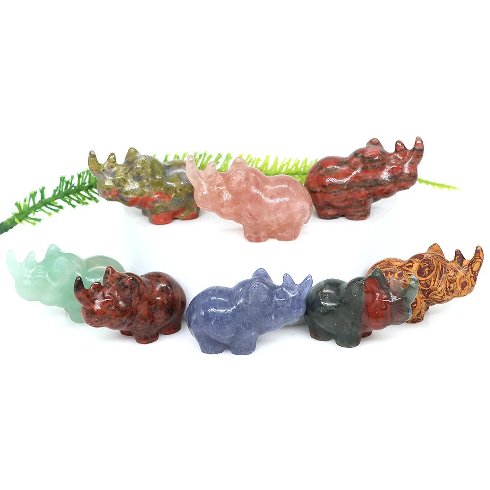 Natural Stone Rhinoceros Statue Healing Crystal Carved Rhino Animal Figurine Reiki Gemstone Mineral Crafts Home Decoration Gifts