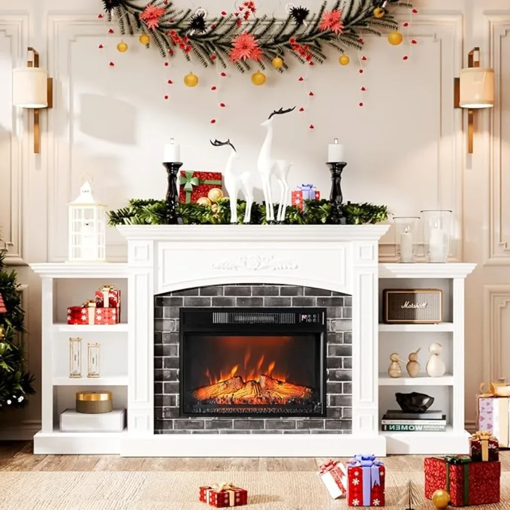 

Electric Fireplace with Mantel, Fireplace TV Stand for TVs Up to 85'', Modern Entertainment Center with Storage, White