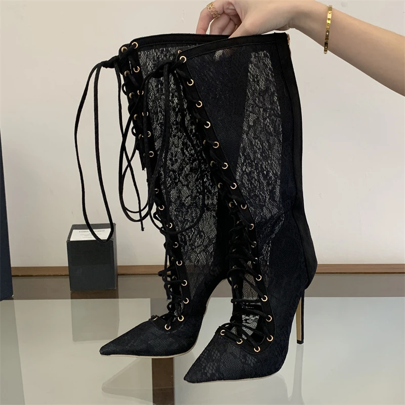 

Aneikeh Women Lace Knee High Boots Mesh Pointed Toe Stiletto Heel Lace-up Long Boots Sexy Party Nightclub Summer Breathable Shoe