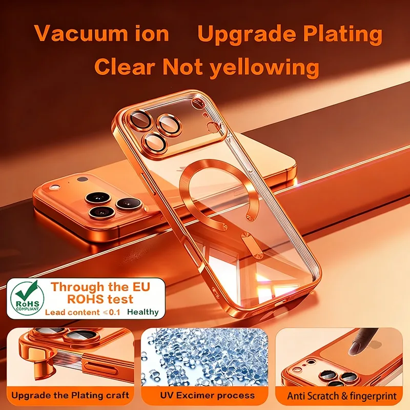 Fashion Orange Magnetic Clear Case For iPhone Air 17 16 15 14 13 12 11 Pro Max Plus Wireless Charge Plating Soft Business Cover - náhled 2