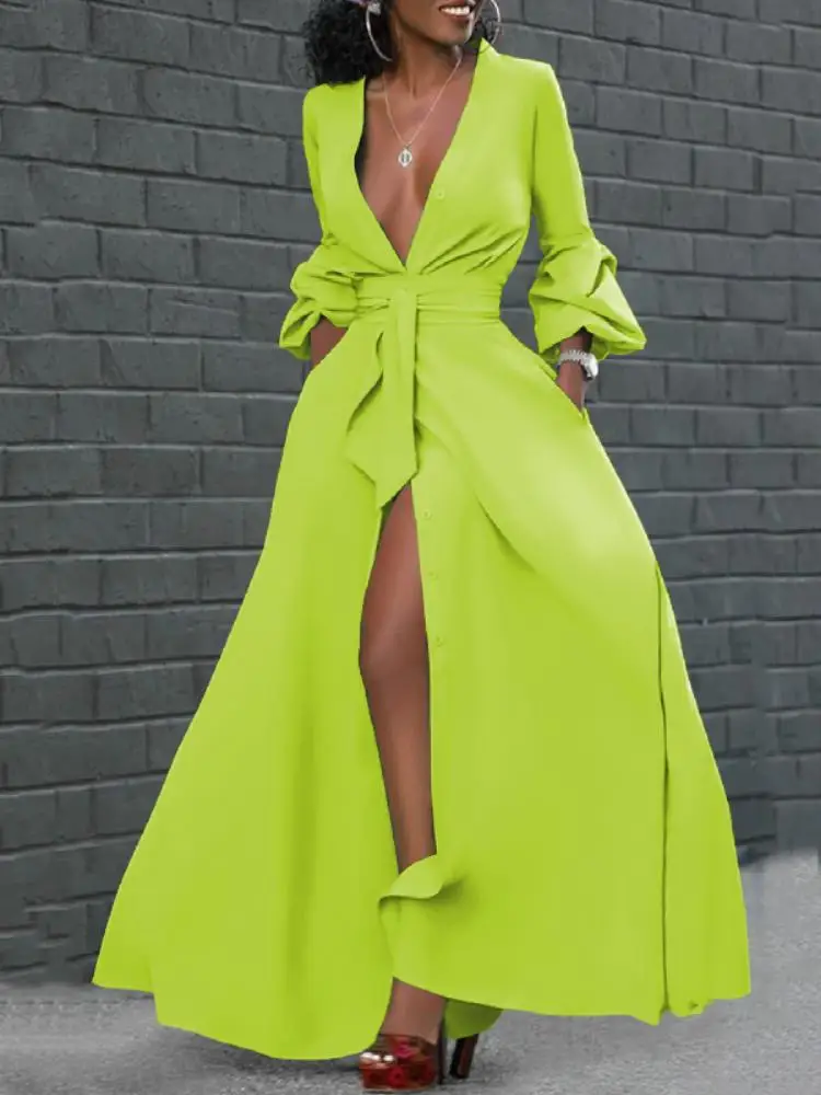 

Onecozyday Women's Sexy Deep V-neck Long Dress Tied High Waist Split A-line Dresses for Ladies Elegant Evening Party Dresses