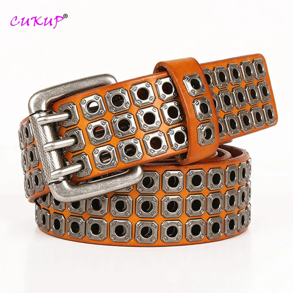 Unisex Personalized Three Pin Buckle Rivet Hip-hop Punk Metal Belt Quality Cow Skin Leather Belts for Men & Women SA020