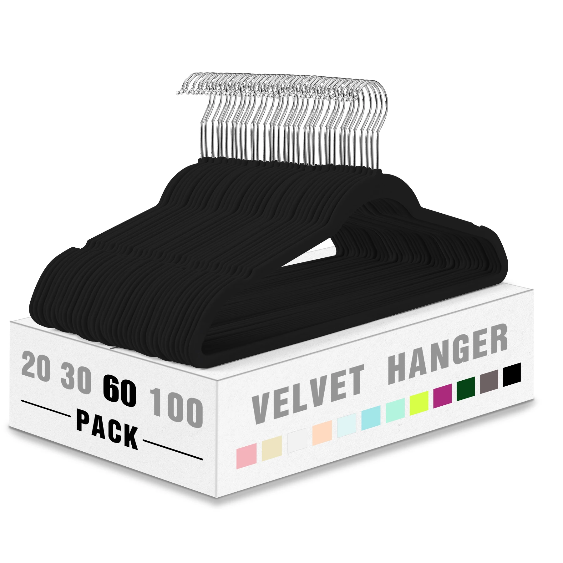 60 Stück Schwarze Samt Kleiderbügel rutschfest 45 cm breit schmal robust gut belastbar 360° drehbarer Haken für Mäntel Hemden un