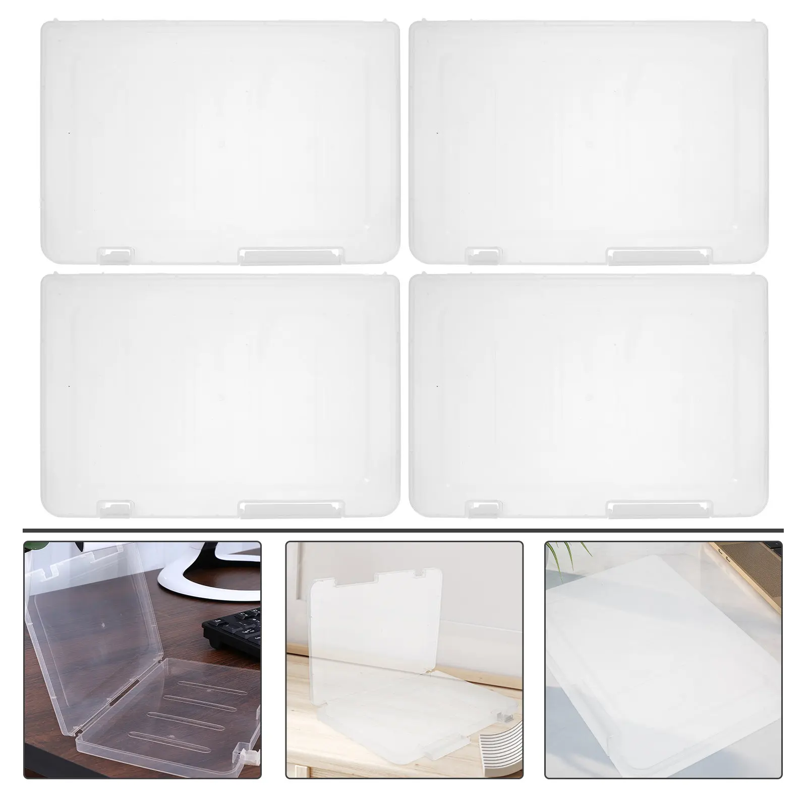 

4Pcs A4 File Box Clear Heavy Duty PP Plastic Storage Container with Locking Lid Multi Purpose for Files Documents Photos