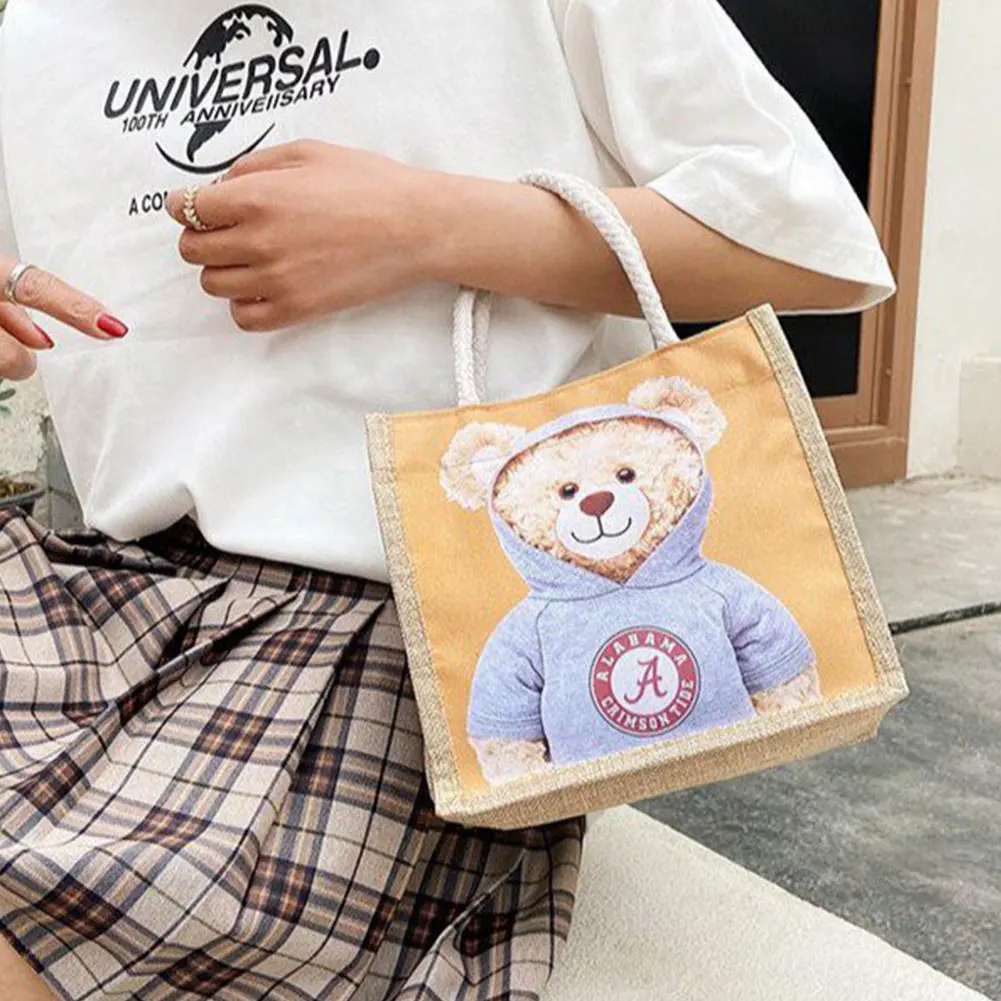 Cute Bear Print Pendant Handbag for Xmas Casual Linen Canvas Top-handle Gift Bag Fashion Shopping Bag Women Ladies Girl Handbag