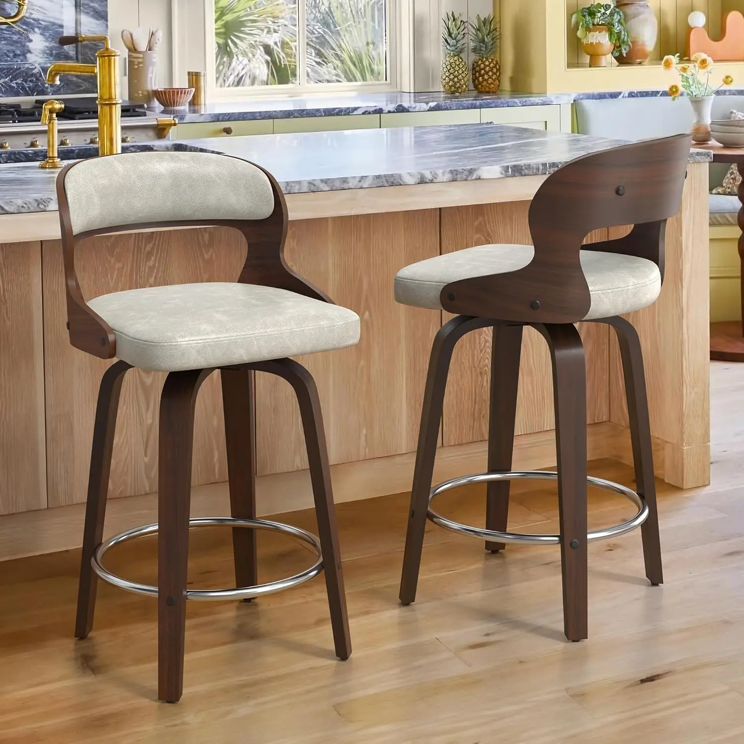 

Counter Height Bar Stools, 26" Faux Leather Swivel Counter Stools, Mid Century Bar Stool Set of 2, Swivel Bar Stools with Backs