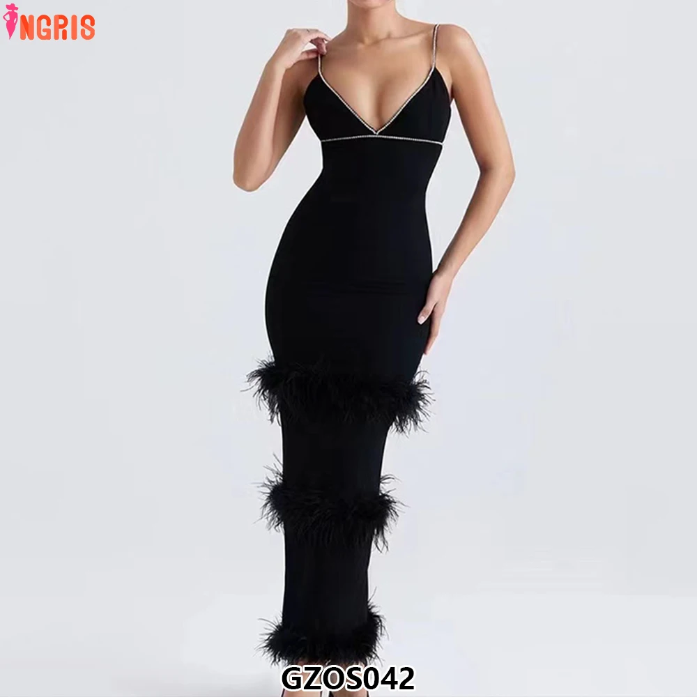 

2025 New Prom Party Birthday Dress Women's Sexy Deep V Diamond Feather Suspender Tie Dress-GZOS041