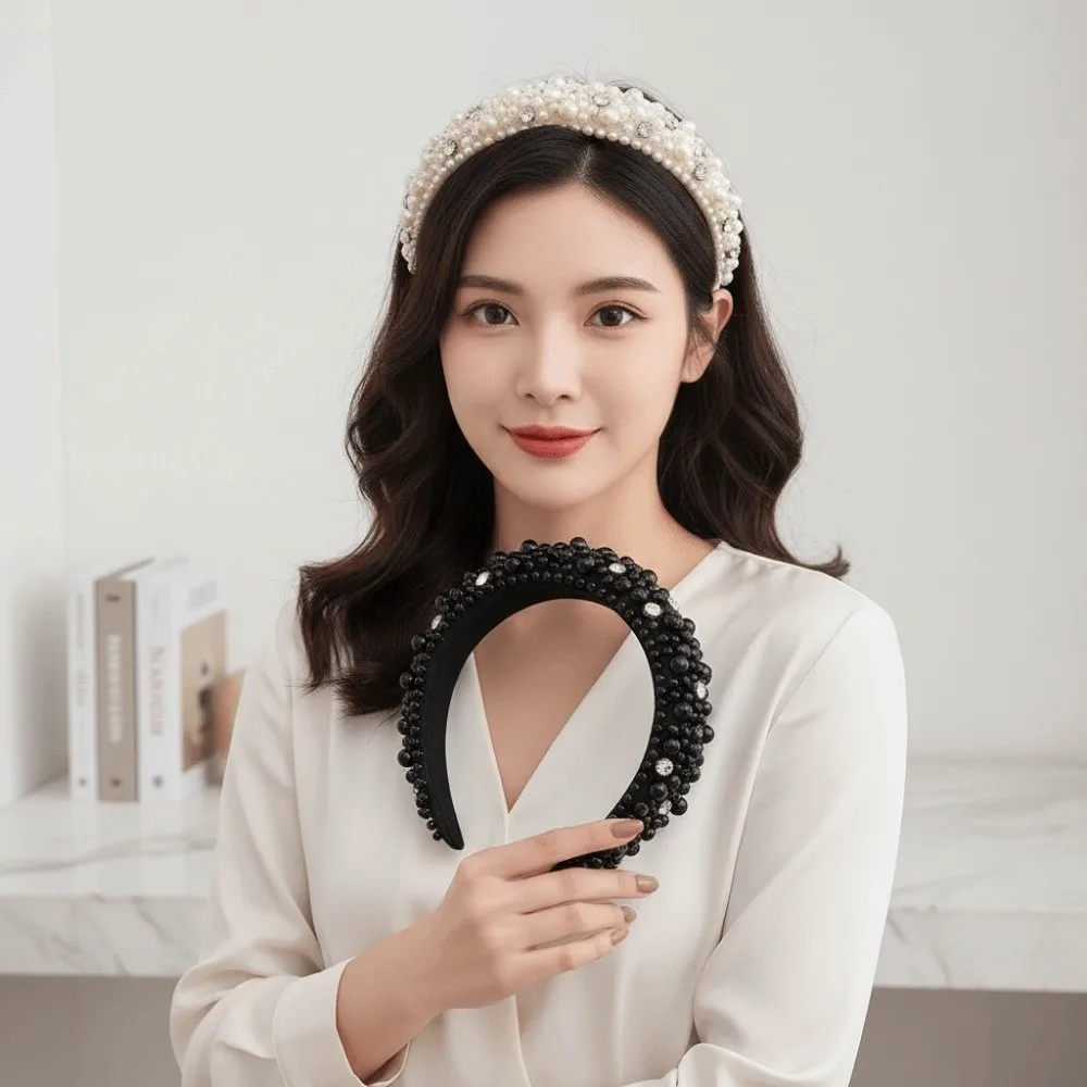

High Top Structure Full Pearls Hair Hoop Elastic Plastic Base Luxury Style Rhinestone Wide Headpiece Spongy Volume