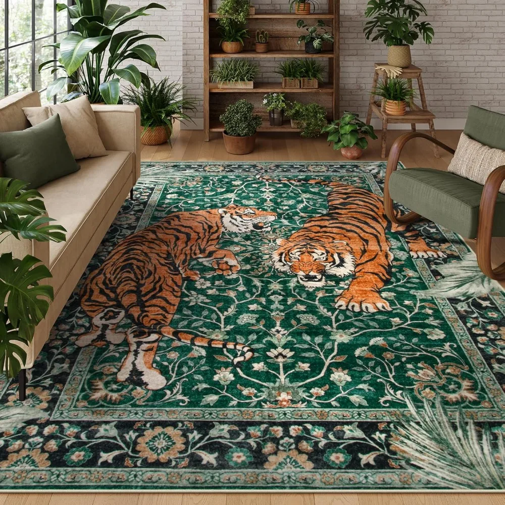 

9x12 Washable Area Rug, Boho Green Rugs For Living Room, Non Slip Vintage Dining Room Rug,