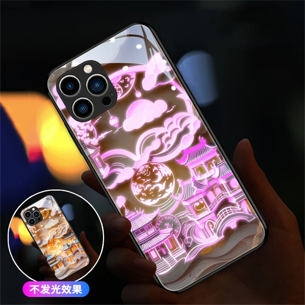 

Chinese Ancient Landscape Painting Sound Control LED Flash Cases Luminous Glass Cover For Samsung S24 S23 S22 S21 S20 FE Note 20