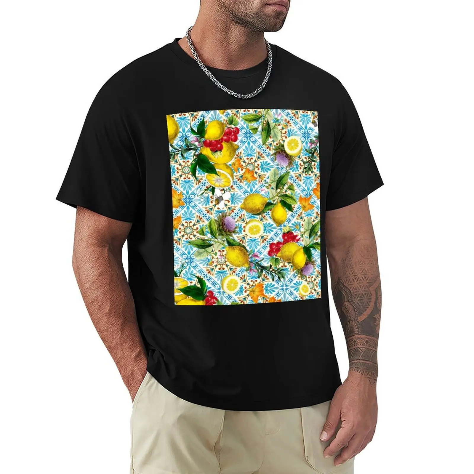 Sicilian lemons and romantic tiles cottagecore aesthetic T-Shirt t shirt man cotton T-Shirt