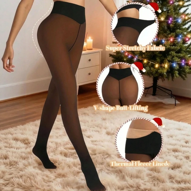 Women Fleece Lined Thermal Tights Fake Translucent Pantyhose High Waist Tummy‑Control Compression Warm Skin‑Ton Leggings Winter