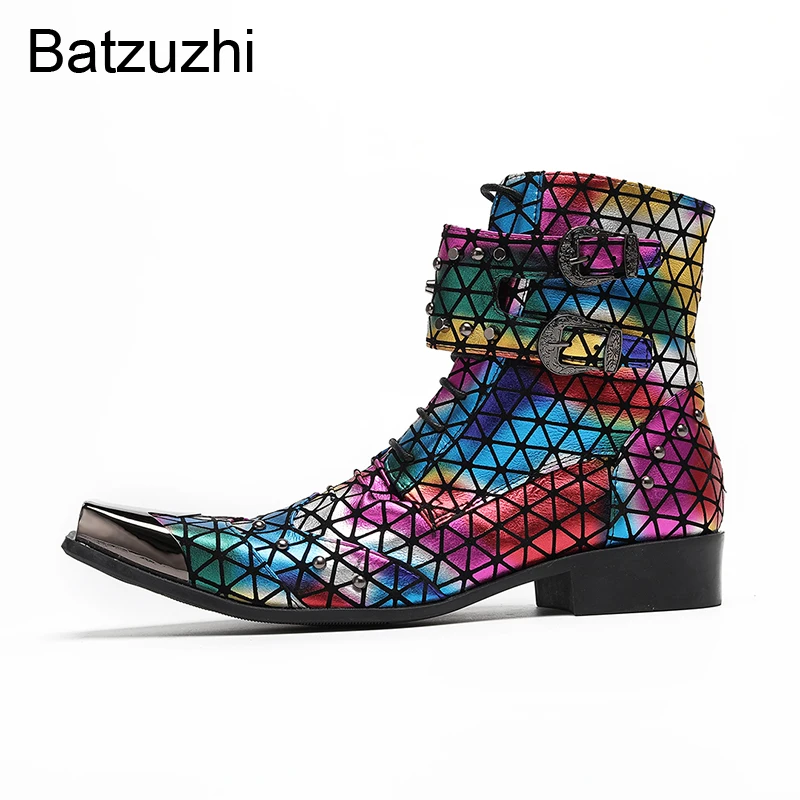 Batzuzhi Pop Muti-color Men's Boots with Metal Toes Punk Leather Ankle Boots Men Zips Buckles Punk Party, Runway Boots for Man!