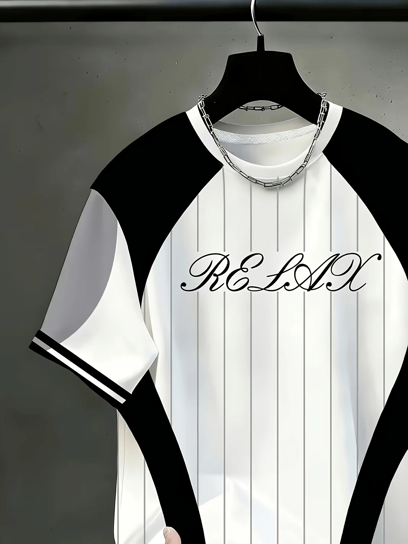 Men Mesh Sports T‑Shirt Vertical Stripe Letter Print Raglan Sleeve O‑Neck Breathable Summer Casual Top
