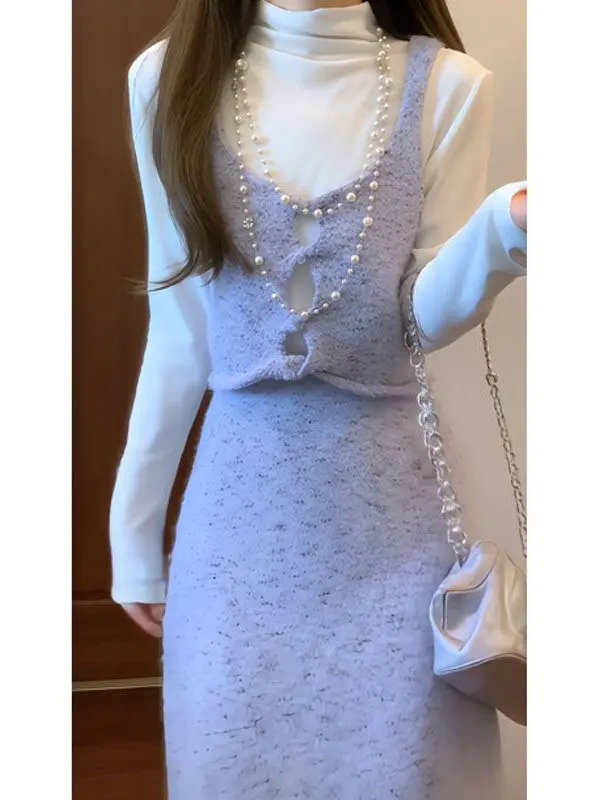 

Gentle Wind Beautiful Purple Vest Base Shirt Half Skirt Three Piece Set Anti Aging Whole Set Matching Spring 26 Years Old