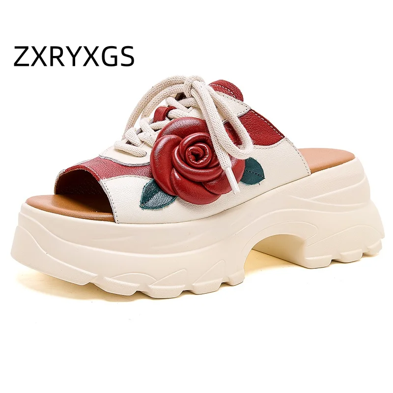 ZXRYXGS Top Layer Cowhide Spell Color Flowers Shoes Woman Fashion Slippers 2025 Summer Women Slippers Platform High Heel Sandals