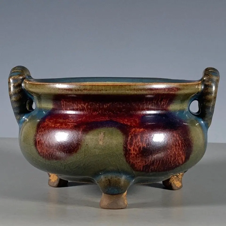 

Имитация древней китайской фарфоровой печи Джун, розовая фиолетовая глазурь для печи, трехногие декоративные художественные украшения с двойной ручкой