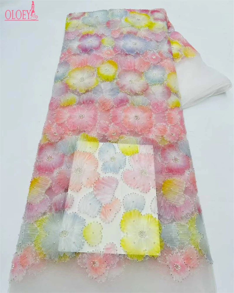 

OLOEY французская кружевная ткань с жемчугом, 3D тюлевые цветы, роскошный текстиль от кутюр для свадебных платьев
