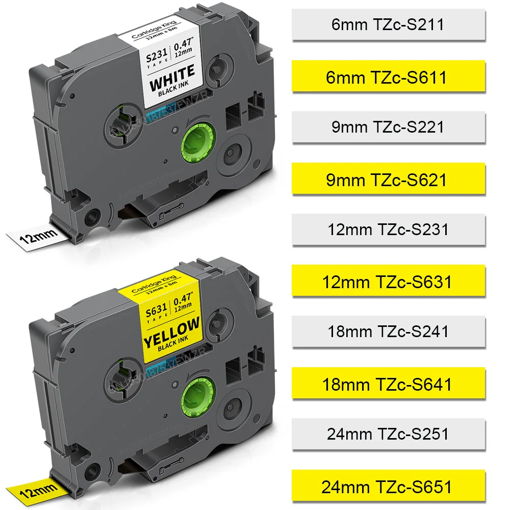 6/9/12/18/24mm TZe-Blanco-Cinta tzeS231 zS221 TzS211 zS241 TzS251 Etiqueta adhesiva fuerte Compatible con Brother P-touch Label Maker