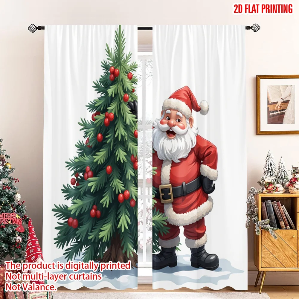 

2pcs 2D flat printing Merry Christmas Popular Party Window Curtains Santa Claus Christmas Tree Polyester Without Electricity