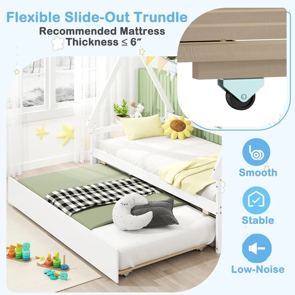 سرير منزلي خشبي مزدوج الحجم مع دولاب، سرير نهاري للأطفال بإطار من الخشب الصلب، سقف، درابزين أمان ودعم شريحة خشبية، P