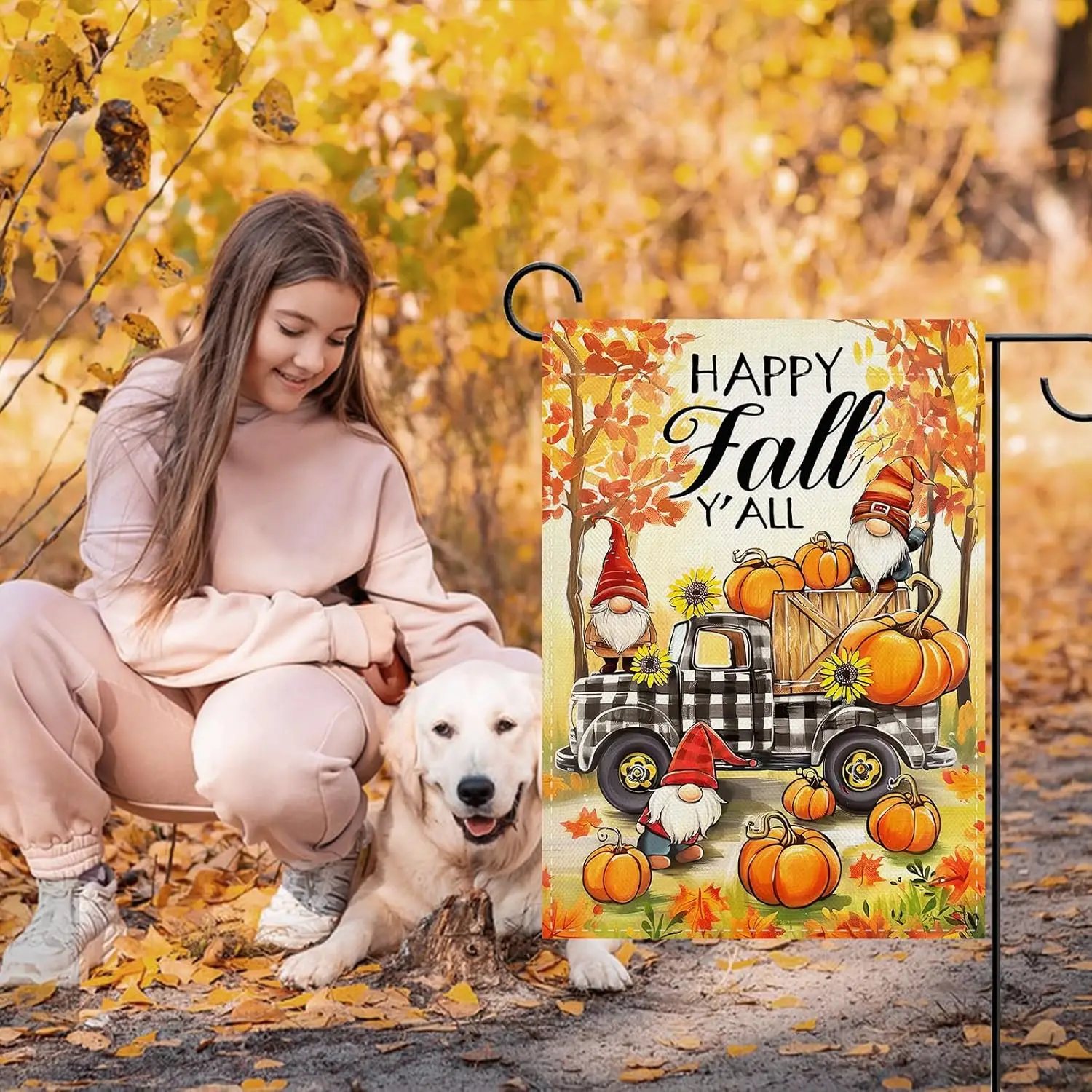 Dyrenson Happy Fall Y'all Plaid Truck Decorative Garden Flag, Autumn Harvest Gnome Pumpkin Maple Tree Yard Outside Home  LLE UUN