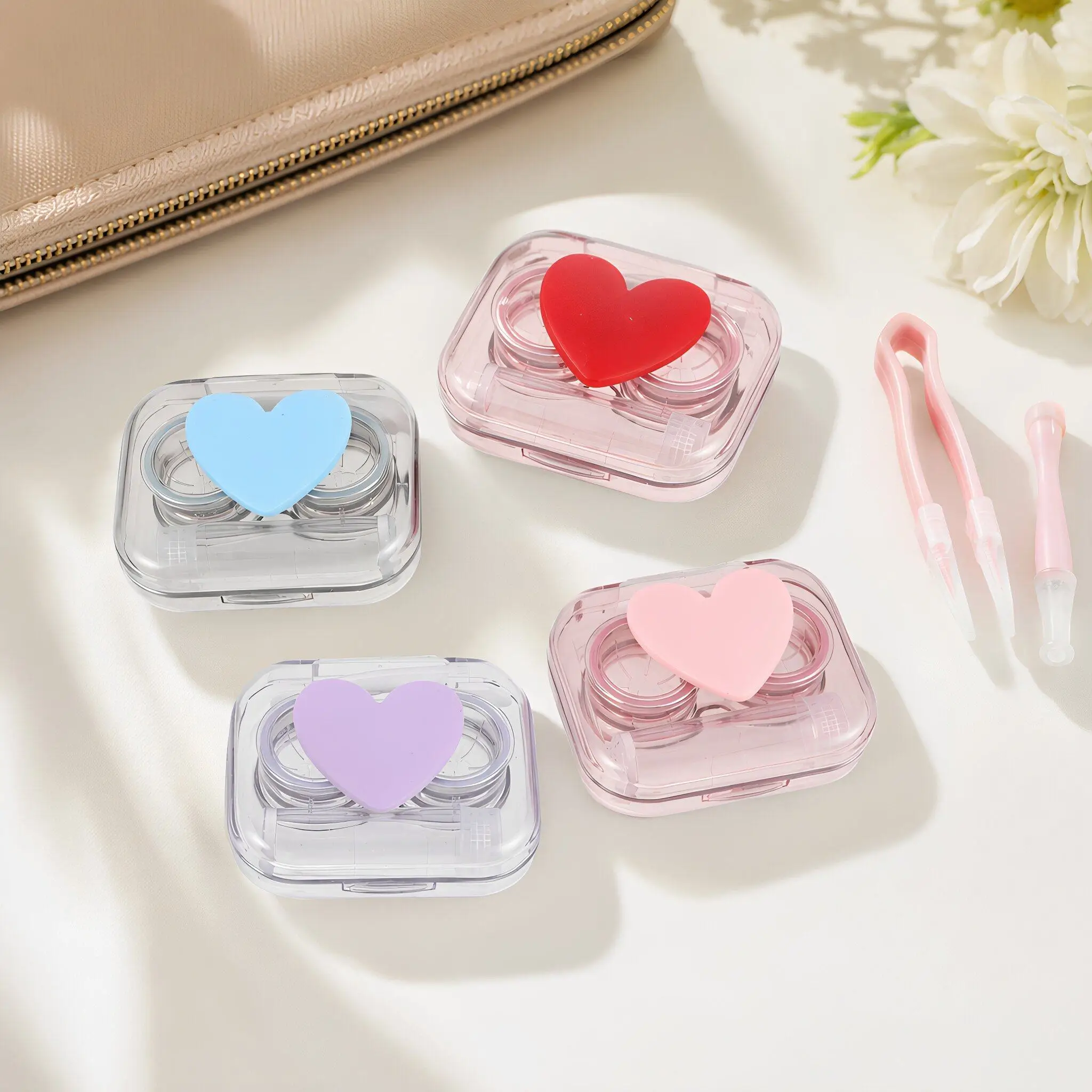 4Sets Contact Lens Case Travel Kit Portable Cute Heart Shape Leakproof Flip Top Organizer Contacts Remover Tool Applicator