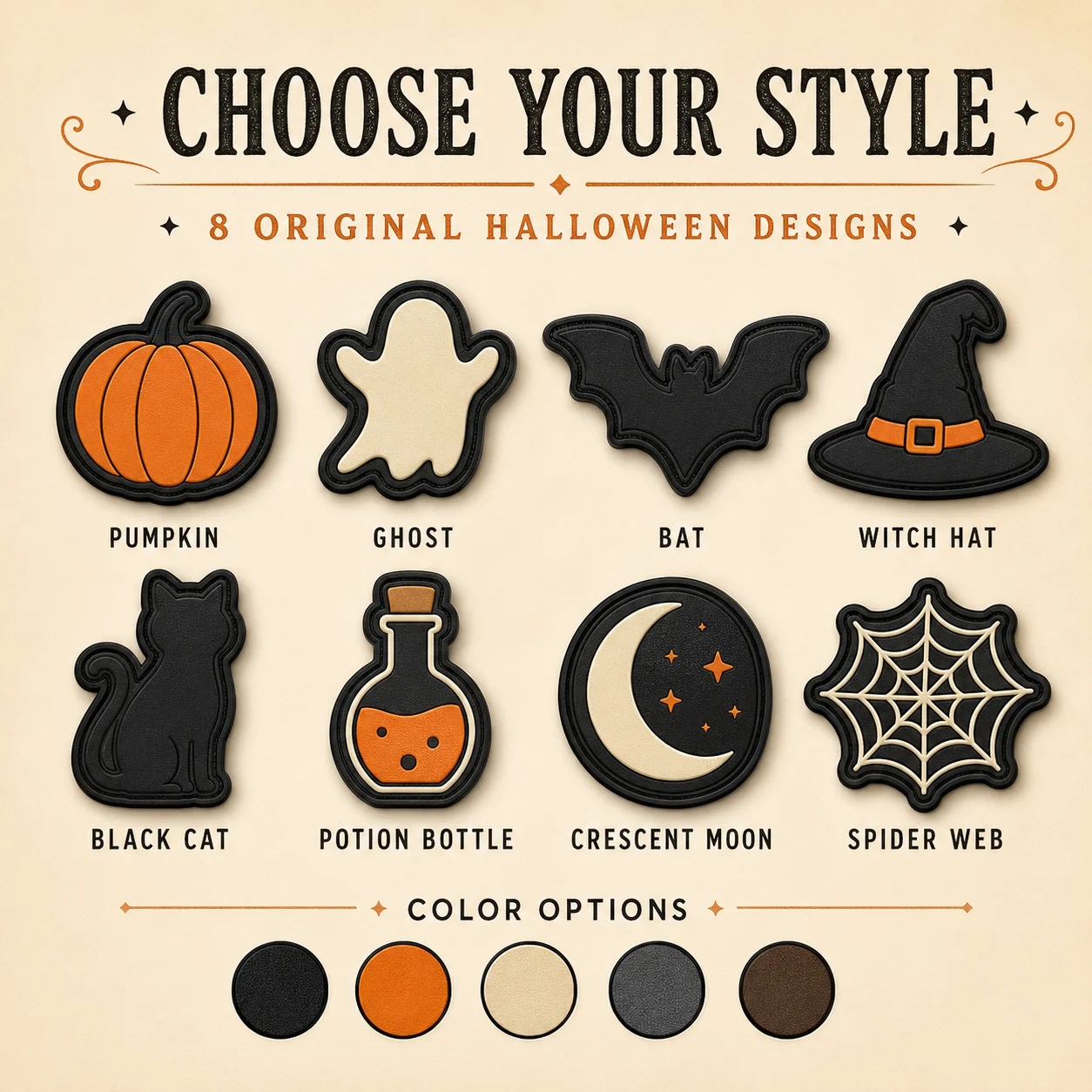 Custom Halloween PVC Patches Pumpkin Ghost Bat Witch Hat Spider Web 3D Soft Rubber Hook and Loop for Bags Jackets Hats DIY